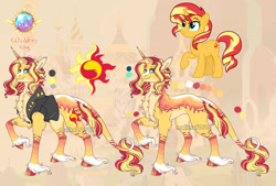 Size: 1280x864 | Tagged: safe, artist:malinraf1615, derpibooru import, sunset shimmer, classical unicorn, pony, unicorn, alternate hairstyle, chest fluff, clothes, cloven hooves, coat markings, female, jacket, jewelry, leather jacket, leg fluff, leonine tail, mare, obtrusive watermark, raised hoof, raised leg, redesign, reference sheet, ring, simple background, solo, unshorn fetlocks, watermark, wedding ring, yellow background