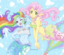 Size: 2048x1772 | Tagged: safe, artist:5mmumm5, derpibooru import, fluttershy, rainbow dash, mermaid, equestria girls, belly button, duo, ear fins, female, fins, looking at you, mermaid tail, mermaidized, midriff, one eye closed, open mouth, smiling, smiling at you, species swap, underwater, wink