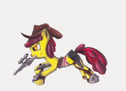 Size: 3501x2550 | Tagged: safe, artist:1vladislav, derpibooru import, apple bloom, clothes, cut, female, filly, gun, hat, knife, solo, weapon