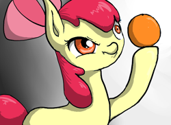 Size: 550x400 | Tagged: safe, artist:pegasistercake, derpibooru import, apple bloom, earth pony, pony, contemplating life, female, filly, food, orange, solo