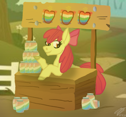 Size: 1558x1440 | Tagged: safe, artist:pinlrose, derpibooru import, apple bloom, earth pony, pony, adorabloom, apple, cute, female, filly, food, food stand, jam, jar, leaning, smiling, solo, zap apple, zap apple jam