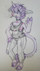 Size: 2988x5312 | Tagged: safe, artist:bluet0ast, derpibooru import, oc, oc only, anthro, unicorn, cigarette, clothes, cloven hooves, female, horn, leonine tail, smoking, solo, traditional art, unicorn oc