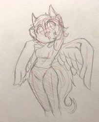 Size: 3024x3715 | Tagged: safe, artist:scribleydoodles, derpibooru import, rainbow dash, anthro, pegasus, arm behind head, armpits, clothes, female, lineart, pants, traditional art, wings