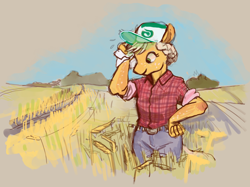 Size: 1216x908 | Tagged: safe, artist:spectralunicorn, derpibooru import, applejack, anthro, baseball cap, cap, clothes, farmer, field, flannel shirt, hat, jeans, pants, rolled up sleeves