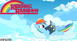 Size: 2064x1114 | Tagged: safe, artist:not-yet-a-brony, derpibooru import, daring do, rainbow dash, pegasus, book, cloud, daring do book, logo, lyrics in the description, reading, reading rainbow, show reference, sky, title, youtube link in the description