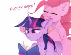 Size: 4096x3186 | Tagged: safe, artist:ponyangle, derpibooru import, pinkie pie, twilight sparkle, twilight sparkle (alicorn), alicorn, earth pony, pony, book, cheek fluff, chest fluff, ear fluff, ears, female, floppy ears, fluffy, funny, magic, mare, simple background, text, twilight is not amused, unamused, unshorn fetlocks, white background