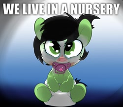 Size: 1600x1400 | Tagged: safe, artist:lazynore, derpibooru import, oc, oc:anon filly, baby, diaper, face paint, female, filly, meme, pacifier, simple background, society, text