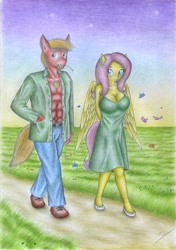 Size: 2451x3490 | Tagged: safe, artist:sinaherib, derpibooru import, big macintosh, fluttershy, anthro, blushing, clothes, dress, female, fluttermac, male, open clothes, open shirt, shipping, straight, traditional art