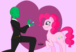 Size: 3578x2462 | Tagged: safe, artist:datzigga, derpibooru import, pinkie pie, oc, oc:anon, earth pony, human, pony, blushing, cute, diapinkes, heart, heart eyes, jewelry, marriage proposal, ring, romantic, wavy mouth, wedding ring, wingding eyes