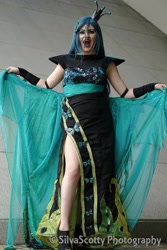 Size: 1365x2048 | Tagged: safe, artist:sarahndipity cosplay, artist:silverscotty photography, derpibooru import, queen chrysalis, human, 2017, clothes, cosplay, costume, irl, irl human, open mouth, photo