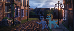 Size: 3840x1634 | Tagged: safe, artist:virileth, lightning dust, oc, oc:frosku, pegasus, pony, unicorn, 3d, blender eevee, city, female, male