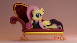 Size: 3840x2160 | Tagged: safe, artist:dieanondie, fluttershy, pegasus, pony, 3d, blender, clothes, dress, ear piercing, earring, eyeshadow, fainting couch, female, fluttergoth, goth, hoof shoes, jewelry, lying down, mare, piercing, prone, sofa, solo