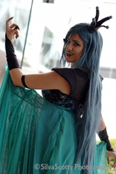 Size: 1365x2048 | Tagged: safe, artist:sarahndipity cosplay, artist:silverscotty photography, derpibooru import, queen chrysalis, human, 2017, clothes, cosplay, costume, facebook, fangs, irl, irl human, long nails, open mouth, photo