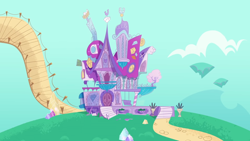 Size: 1920x1080 | Tagged: safe, derpibooru import, screencap, my little pony: pony life, the debut taunt, bridge, crystal, floating island, no pony, rarity's house, scenic ponyville