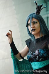 Size: 1365x2048 | Tagged: safe, artist:sarahndipity cosplay, artist:silverscotty photography, derpibooru import, queen chrysalis, human, 2017, clothes, cosplay, costume, facebook, irl, irl human, long nails, photo