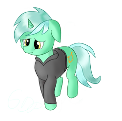 Size: 744x737 | Tagged: safe, artist:6dpegasus, derpibooru import, lyra heartstrings, pony, unicorn, black hoodie, clothes, dig the swell hoodie, female, hoodie, sad, simple background, solo, standing, transparent background