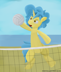 Size: 1848x2166 | Tagged: safe, artist:moon-source, derpibooru import, oc, oc only, beach, blue hair, male, solo, sports, volleyball, volleyball net, yellow coat