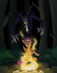 Size: 1600x2048 | Tagged: safe, artist:mushroomdoggo, derpibooru import, scootaloo, pegasus, pony, wendigo, fanfic:speak not this tale, campfire, commission, cover art, dark, everfree forest, monster, night, older, older scootaloo, solo, story in the source