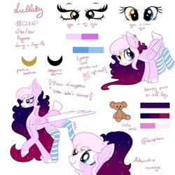 Size: 1080x1080 | Tagged: safe, artist:droopihorn, derpibooru import, oc, oc:lullaby, pegasus, pony, clothes, ethereal mane, eyelashes, female, filly, heterochromia, mare, pegasus oc, reference sheet, simple background, socks, starry mane, striped socks, white background, wings