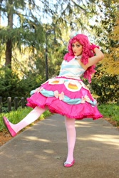 Size: 1080x1620 | Tagged: safe, artist:sarahndipity cosplay, derpibooru import, pinkie pie, human, the best night ever, clothes, cosplay, costume, dress, gala dress, irl, irl human, photo, raised leg