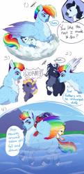 Size: 1280x2636 | Tagged: safe, artist:theartfox2468, derpibooru import, rainbow dash, soarin', oc, oc:cascade mist, oc:cloudy cumulonimbus contrail, oc:crimson wind, oc:lightning bolt spectrum, oc:xanthia, pegasus, pony, worm, alternate design, assisted preening, colored wings, colt, dialogue, female, filly, grooming, gummy worm, male, mare, momma dash, mother and child, mother and daughter, mother and son, multicolored wings, nest, offspring, parent and child, parent:rainbow dash, parent:soarin', parents:soarindash, ponies riding ponies, preening, rainbow wings, riding, shipping, soarindash, stallion, straight, swimming, wings