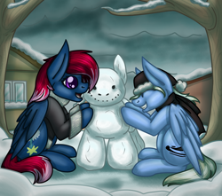 Size: 1700x1500 | Tagged: safe, artist:janeander, derpibooru import, oc, oc only, oc:snap roll, oc:tailwind, pegasus, clothes, commission, female, mare, scarf, snowman, winter, ych result