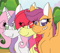 Size: 2149x1911 | Tagged: safe, artist:silenceshadowwolf, derpibooru import, apple bloom, scootaloo, sweetie belle, earth pony, pegasus, pony, unicorn, growing up is hard to do, bandaid, cutie mark crusaders, dreamworks face, eye clipping through hair, grin, horn, neckerchief, older, older apple bloom, older scootaloo, older sweetie belle, smiling, wings