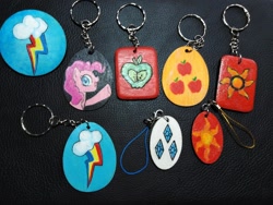 Size: 1386x1040 | Tagged: safe, artist:megabait, derpibooru import, applejack, big macintosh, pinkie pie, princess celestia, rainbow dash, rarity, pony, craft, handmade, wood, wooden magnet, wooden token