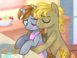 Size: 2079x1578 | Tagged: safe, anonymous artist, derpibooru import, oc, oc only, oc:littlepip, oc:monterey jack, unicorn, fallout equestria, apron, blushing, clothes, commission, crack shipping, female, hetero littlepip, kissing, male, married, shipping, sink, straight, ych result