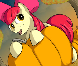 Size: 2866x2429 | Tagged: safe, artist:reashi, derpibooru import, apple bloom, female, filly, pumpkin, solo