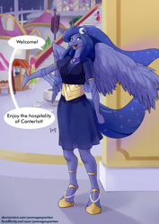 Size: 905x1280 | Tagged: safe, artist:pwnagespartan, derpibooru import, princess luna, alicorn, anthro, unguligrade anthro, breasts, canterlot, clothes, dialogue, digital art, dress, female, horn, open mouth, princess balloona, solo, speech bubble, spread wings, tail, talking, text, thighs, wings