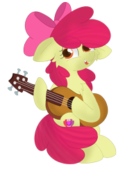 Size: 2550x3300 | Tagged: safe, artist:skyflys, derpibooru import, apple bloom, earth pony, pony, adorabloom, bow, cheek fluff, chest fluff, chipped tooth, cute, female, filly, guitar, musical instrument, simple background, solo, transparent background