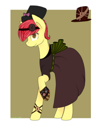 Size: 800x1000 | Tagged: safe, artist:nerri-shine, derpibooru import, apple bloom, bow, clock, clothes, dress, female, filly, hat, solo, steampunk