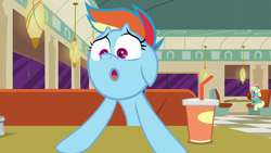 Size: 1280x720 | Tagged: safe, derpibooru import, screencap, rainbow dash, earth pony, pegasus, pony, season 6, the saddle row review, female, honey curls, mare, mare e. lynn, open mouth, rainbow dash is best facemaker, solo focus