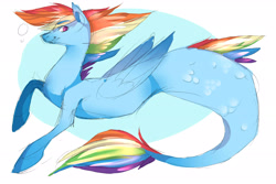 Size: 3000x2000 | Tagged: safe, artist:imlpdailyfnaf18, derpibooru import, rainbow dash, pegasus, pony, seapony (g4), bubble, deviantart watermark, dorsal fin, female, fish tail, flowing mane, multicolored hair, obtrusive watermark, pink eyes, seaponified, seapony rainbow dash, simple background, smiling, solo, species swap, tail, watermark, white background, wings