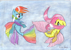 Size: 960x678 | Tagged: safe, artist:candycorn2424, derpibooru import, fluttershy, rainbow dash, pegasus, pony, sea pony, dorsal fin, female, fins, fish tail, flowing mane, flowing tail, green eyes, looking at each other, pink eyes, pink mane, seaponified, signature, simple background, smiling, species swap, tail, underwater, water