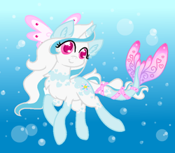 Size: 722x632 | Tagged: safe, artist:holambaoduyen, derpibooru import, oc, merpony, pony, bubble, crepuscular rays, dorsal fin, eyelashes, female, fish tail, flowing mane, flowing tail, looking at you, pink eyes, smiling, solo, sunlight, swimming, tail, white mane, wingding eyes