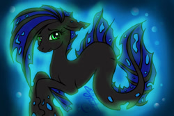 Size: 600x400 | Tagged: safe, artist:edlynette, derpibooru import, oc, oc only, hybrid, merpony, seapony (g4), blue mane, bubble, dark, dorsal fin, eyelashes, fins, fish tail, glow, green eyes, looking at you, signature, solo, underwater, water