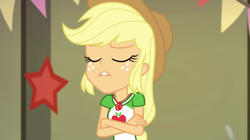 Size: 1920x1078 | Tagged: safe, derpibooru import, screencap, applejack, better together, equestria girls, holidays unwrapped, geode of super strength, lip bite, magical geodes, solo, the cider louse fools