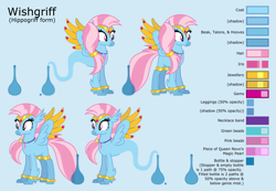 Size: 10046x6954 | Tagged: safe, artist:ethanjacobsyrosca, derpibooru import, oc, oc only, oc:wishgriff, classical hippogriff, hippogriff, absurd resolution, blue background, bottle, bracelet, circlet, classical hippogriff oc, clothes, female, genie, hippogriff oc, jewelry, leggings, necklace, not silverstream, redesign, reference sheet, simple background, solo, vector, wing jewelry