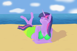 Size: 3672x2458 | Tagged: safe, artist:drakang, derpibooru import, twilight sparkle, unicorn twilight, anthro, pony, unicorn, beach, bikini, clothes, eyebrows, eyebrows visible through hair, eyes closed, female, high res, relaxing, smiling, solo, swimsuit