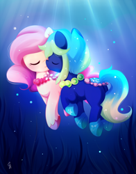 Size: 800x1018 | Tagged: safe, artist:exceru-karina, derpibooru import, pony, blue mane, bubble, commission, crepuscular rays, eyes closed, female, flower, jewelry, looking at each other, necklace, ocean, pearl necklace, pink mane, seaweed, smiling, sunlight, underwater, unshorn fetlocks, water, ych result