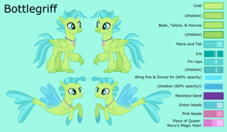 Size: 4269x2474 | Tagged: safe, artist:ethanjacobsyrosca, derpibooru import, oc, oc only, oc:bottlegriff, classical hippogriff, hippogriff, sea pony, seapony (g4), classical hippogriff oc, green background, high res, hippogriff oc, jewelry, male, necklace, not terramar, reference sheet, seapony oc, simple background, solo, vector