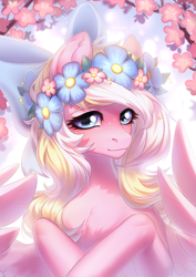 Size: 2480x3507 | Tagged: safe, artist:fenwaru, derpibooru import, oc, oc only, oc:bay breeze, pegasus, pony, beautiful, blushing, bow, cherry blossoms, cute, female, floral head wreath, flower, flower blossom, hair bow, high res, looking at you, mare, outdoors, pegasus oc, wings