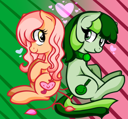 Size: 1000x930 | Tagged: safe, artist:potatogirlivy, artist:quarium, derpibooru import, oc, oc only, oc:dainty drawn, pony, collaboration, back to back, duo, female, females only, looking at each other