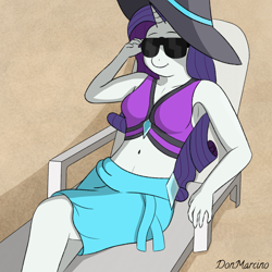 Size: 5000x5000 | Tagged: safe, artist:donmarcino, derpibooru import, rarity, anthro, unicorn, beach, beach shorts swimsuit, belly button, bikini, breasts, chair, clothes, day, equestria girls outfit, eyewear, front view, hat, horn, lying, outdoors, rarity's beach shorts swimsuit, sand, short shirt, signature, simple background, skirt, smiling, solo, summer, sunglasses, swimsuit