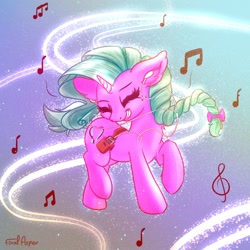 Size: 2000x2000 | Tagged: safe, artist:finalaspex, derpibooru import, oc, oc only, oc:minty joy, pony, unicorn, dancing, earbuds, eyes closed, female, grin, happy, mare, mp3 player, music, smiling, solo