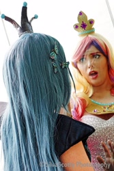 Size: 1365x2048 | Tagged: safe, artist:maddymoiselle, artist:sarahndipity cosplay, artist:silverscotty photography, derpibooru import, princess cadance, queen chrysalis, human, 2017, clothes, cosplay, costume, facebook, irl, irl human, looking at each other, open mouth, photo, scared