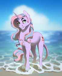 Size: 1800x2200 | Tagged: safe, artist:joan-grace, derpibooru import, oc, oc:strawberry gateau, pony, unicorn, beach, female, mare, solo