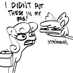 Size: 3000x3000 | Tagged: safe, artist:tjpones, derpibooru import, apple bloom, bon bon, sweetie drops, earth pony, pony, call of the cutie, apple, bag, black and white, dialogue, duo, female, filly, food, grayscale, high res, i didn't put those in my bag, mare, monochrome, saddle bag, simple background, sketch, white background